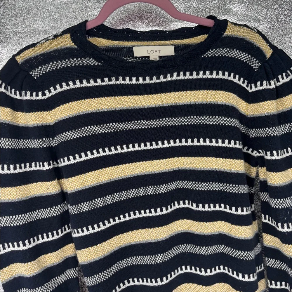 Loft Navy & Gold Striped Scallop Neck Sweater